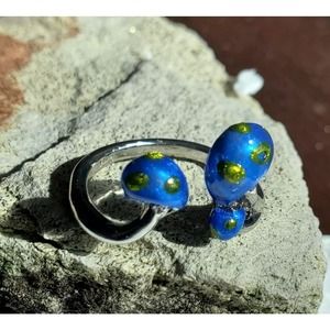 Three Little Mushrooms Ring Adjustable Blue with Green Spots